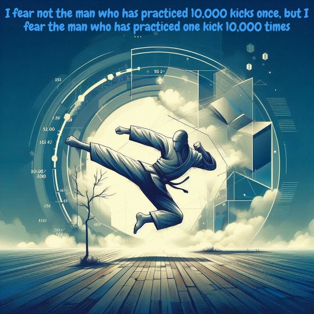 I fear not the man who has practiced 10,000 kicks once, but I fear the man who has practiced one kick 10,000 times. - Bruce Lee